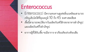 Enterococcus
• Enterococci มีความทนทานสูงต่อสิ่งแวดล้อมสามารถ
เจริญเติบโตได้ที่อุณหภูมิ 10 ถึง 45 องศาเซลเซียส
• เชื้อนี้สามารถพบได้มากในผลิตภัณฑ์ไส้กรอกอาหารสาเร็จรูป
และผลิตภัณฑ์กึ่งสาเร็จรูป
• อาการผู้ที่ได้รับเชื้อ จะมีอาการ อาเจียนท้องร่วงท้องเสีย
 