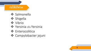 6
 Salmonella
 Shigella
 Vibrio
 Yersinia เช่น Yersinia
 Enterocolitica
 Campylobacter jejuni
ก่อให้เกิดโรค
 
