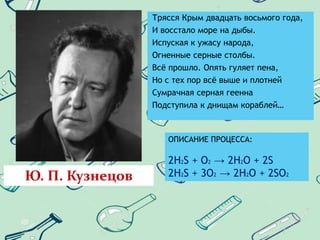 Трясся Крым двадцать восьмого года,
И восстало море на дыбы.
Испуская к ужасу народа,
Огненные серные столбы.
Всё прошло. Опять гуляет пена,
Но с тех пор всё выше и плотней
Сумрачная серная геенна
Подступила к днищам кораблей…
Ю. П. Кузнецов
ОПИСАНИЕ ПРОЦЕССА:
2Н2S + O2 → 2Н2O + 2S
2Н2S + 3O2 → 2Н2O + 2SО2
 