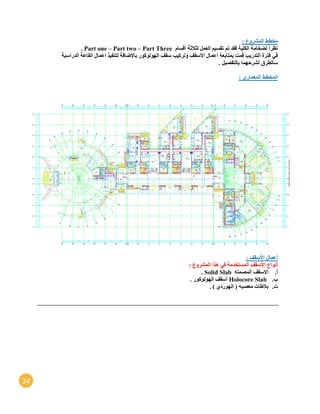 24
‫مخ‬‫طط‬: ‫المشروع‬
ً‫ا‬‫نظر‬‫أقسام‬ ‫لثالثة‬ ‫العمل‬ ‫تقسيم‬ ‫تم‬ ‫فقد‬ ‫الكلية‬ ‫لضخامة‬Part one – Part two – Part Three.
‫في‬‫الدراسية‬ ‫القاعة‬ ‫اعمال‬ ‫لتنفيذ‬ ‫باإلضافة‬ ‫الهولوكور‬ ‫سقف‬ ‫وتركيب‬ ‫األسقف‬ ‫اعمال‬ ‫بمتابعة‬ ‫قمت‬ ‫التدريب‬ ‫فترة‬
‫سأتطرق‬. ‫بالتفصيل‬ ‫لشرحهما‬
‫المخطط‬: ‫المعماري‬
‫أعمال‬: ‫األسقف‬
‫أنواع‬: ‫المشروع‬ ‫هذا‬ ‫في‬ ‫المستخدمة‬ ‫األسقف‬
‫أ‬.‫االسقف‬‫المصمته‬Solid Slab.
‫ب‬.Holocore Slab. ‫الهولوكور‬ ‫أسقف‬
‫ت‬.‫بالطات‬‫معصبه‬. ) ‫الهوردي‬ (
 