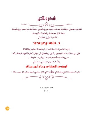 29
‫لكل‬ً‫ا‬‫حرف‬ ‫علمني‬ ‫من‬‫إبتسامة‬ ‫لي‬ ‫رسم‬ ‫من‬ ‫لكل‬ ً‫ا‬‫علم‬ ‫إكتسابي‬ ‫في‬ ‫يد‬ ‫له‬ ‫كان‬ ‫من‬ ‫لكل‬
ً‫ا‬‫دوم‬ ‫الخير‬ ‫لطريق‬ ‫هداني‬ ‫من‬ ‫لكل‬ ً‫ال‬‫وأم‬
‫الشكر‬.. ‫لمعلمتي‬ ‫الجزيل‬
‫د‬‫محمد‬ ‫يحي‬ ‫سلمى‬ .
‫رئيسة‬‫والتقانة‬ ‫العلوم‬ ‫بجامعة‬ ‫المدنية‬ ‫الهندسة‬ ‫قسم‬
‫على‬‫األ‬ ‫بر‬ ‫إلى‬ ‫بنا‬ ‫للوصول‬ ً‫ا‬‫دوم‬ ‫مابذلت‬ ‫كل‬‫الدائم‬ ‫وإصرارها‬ ‫تعليمنا‬ ‫مجال‬ ‫في‬ ‫مان‬
.. ‫المعلومات‬ ‫وارقى‬ ‫الخبرات‬ ‫أعظم‬ ‫إكتسابنا‬ ‫على‬
‫والشكر‬‫وصديقي‬ ‫لمعلمي‬ ‫الجزيل‬
‫المهندس‬‫اإلس‬‫خالد‬ .‫م‬ ‫تشاري‬‫عبداهلل‬ ‫أحمد‬
‫على‬‫بذلة‬ ‫جهد‬ ‫كل‬ ‫وعلى‬ ‫فيها‬ ‫بجانبي‬ ‫كان‬ ‫التي‬ ‫واأليام‬ ‫لي‬ ‫وفرها‬ ‫التي‬ ‫المعلومات‬
‫محمد‬ ‫عبدالرحمن‬ ‫عبدهللا‬ .‫م‬‫خير‬
4-9-2114
 