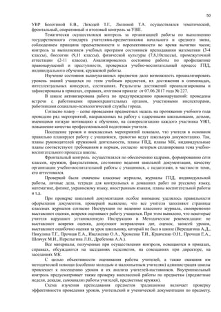 50
УВР Болотиной Е.В., Лиходей Т.Г., Люлиной Т.А. осуществлялся тематический,
фронтальный, оперативный и итоговый контроль за УВП.
Тематически осуществлялся контроль за организацией работы по выполнению
государственного стандарта учителями-предметниками начального и среднего звена,
соблюдением принципа преемственности и перспективности во время вычитки часов;
контроль за выполнением учебных программ состоянием преподавания математики (3-4
классы), биологии (9,11 классы), физической культуры (7,8,10классы), промежуточной
аттестации (2-11 классы). Анализировалось состояние работы по профилактике
правонарушений и преступности, проверялся учебно-воспитательный процесс ГПД,
индивидуального обучения, кружковой работы.
Изучение состояния вышеуказанных предметов дало возможность проанализировать
уровень знаний учащихся по этим учебным предметам, их достижения в олимпиадах,
интеллектуальных конкурсах, состязаниях. Результаты достижений проанализированы и
зафиксированы в приказах, справках, итоговом приказе от 07.06.2017 года № 227.
В школе активизирована работа по предупреждению правонарушений: проведены
встречи с работниками правоохранительных органов, участковыми инспекторами,
работниками социально-психологической службы города.
Согласно плану – сетке проведения предметных недель на протяжении учебного года
проведено ряд мероприятий, направленных на работу с одаренными школьниками, детьми,
имеющими низкую мотивацию к обучению, на самореализацию каждого участника УВП,
повышение качества профессиональной подготовки учителя.
Посещение уроков и внеклассных мероприятий показало, что учителя в основном
правильно планируют работу с учащимися, грамотно ведут школьную документацию. Так,
планы руководителей кружковой деятельности, планы ГПД, планы МК, индивидуальные
планы соответствуют требованиям и нормам, согласно которым спланирована тема учебно-
воспитательного процесса школы.
Фронтальный контроль осуществлялся по обеспечению кадрами, формированию сети
классов, кружков, факультативов, состоянию ведения школьной документации, качеству
организации учебно-воспитательной работы с учащимися, с педагогами, в частности теми,
кто аттестовался.
Проверкой были охвачены классные журналы, журналы ГПД, индивидуальной
работы, личные дела, тетради для контрольных и домашних работ по русскому языку,
математике, физике, украинскому языку, иностранным языкам, планы воспитательной работы
и т.д.
При проверке школьной документации особое внимание уделялось правильности
оформления документов, проверкой выявлено, что все учителя заполняют страницы
классных журналов согласно Инструкции по ведению классного журнала, своевременно
выставляют оценки, вовремя оценивают работу учащихся. При этом выявлено, что некоторые
учителя нарушают установленную Инструкцию и Методические рекомендации: не
выставляют вовремя оценки, допускают исправления дат, оценок, записей уроков,
выставляют ошибочно оценки за урок школьнику, который не был в школе (Верещагина А.Д.,
Никулина Т.Г., Прочная Е.А., Ивахненко О.А., Хроменко Т.И., Кравченко О.Н., Прочная Е.А.,
Шевчук М.И., Перелыгина Л.В., Дребезова А.А.).
Все материалы, полученные при осуществлении контроля, освещаются в приказах,
справках, обсуждаются на заседаниях педсоветов, на совещаниях при директоре, на
заседаниях МК.
С целью объективности оценивания работы учителей, а также оказания им
методической помощи (особенно молодым и малоопытным учителям) администрация школы
привлекает к посещению уроков и их анализа учителей-наставников. Внутришкольный
контроль предусматривает также проверку внеклассной работы по предметам (предметные
недели, декады, самоанализ работы учителей, предметные кружки).
Схема изучения преподавания предметов традиционно включает проверку
эффективности проведения уроков, учительской и ученической документации по предмету,
 