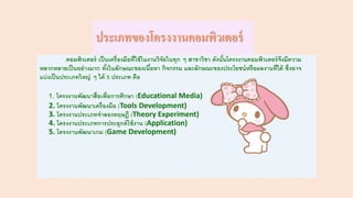 ประเภทของโครงงานคอมพิวเตอร์
คอมพิวเตอร์ เป็นเครื่องมือที่ใช้ในงานวิจัยในทุก ๆ สาขาวิชา ดังนั้นโครงงานคอมพิวเตอร์จึงมีความ
หลากหลายเป็นอย่างมาก ทั้งในลักษณะของเนื้อหา กิจกรรม และลักษณะของประโยชน์หรือผลงานที่ได้ ซึ่งอาจ
แบ่งเป็นประเภทใหญ่ ๆ ได้ 5 ประเภท คือ
1. โครงงานพัฒนาสื่อเพื่อการศึกษา (Educational Media)
2. โครงงานพัฒนาเครื่องมือ (Tools Development)
3. โครงงานประเภทจาลองทฤษฎี (Theory Experiment)
4. โครงงานประเภทการประยุกต์ใช้งาน (Application)
5. โครงงานพัฒนาเกม (Game Development)
 