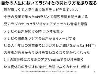 2イーンスパイア(株) 横田秀珠の著作権を尊重しつつ、是非ノウハウはシェアして行きましょう。
自分の人生においてラジオとの関わり方を振り返る
親が厳しくて大学生まで殆どテレビを見ていない
中学の授業で作ったAMラジオで深夜放送を聞きまくる
兄の...
