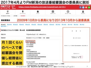 2017年4月よりFM新潟の放送番組審議会の委員長に就任
イーンスパイア（株）横田秀珠の著作権を尊重しつつ、是非ノウハウをシェアしよう！ 3
https://www.fmniigata.com/user/council/num_id/101/
...