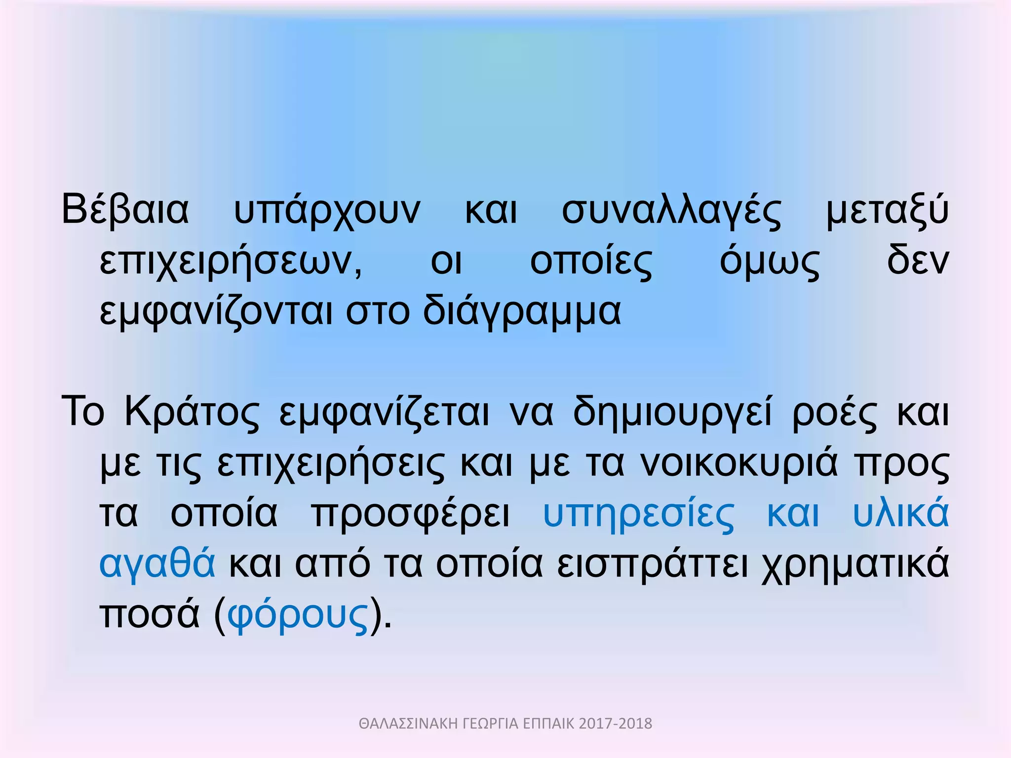 Βέβαια υπάρχουν και συναλλαγές μεταξύ
επιχειρήσεων, οι οποίες όμως δεν
εμφανίζονται στο διάγραμμα
Το Κράτος εμφανίζεται να δημιουργεί ροές και
με τις επιχειρήσεις και με τα νοικοκυριά προς
τα οποία προσφέρει υπηρεσίες και υλικά
αγαθά και από τα οποία εισπράττει χρηματικά
ποσά (φόρους).
ΘΑΛΑΣΣΙΝΑΚΗ ΓΕΩΡΓΙΑ ΕΠΠΑΙΚ 2017-2018
 