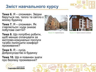 Зміст навчального курсу
Тема 6. Я – споживач. Звідки
беруться газ, тепло та світло в
моєму будинку
Тема 7. Я – споживач. Як
з’являється і куди зникає
побутове сміття?
Тема 8. Що потрібно робити,
щоб менше сплачувати за
житлово-комунальні послуги
та/або поліпшити комфорт
проживання?
Тема 9. Я – сусід.
Добросусідство в будинку
Тема 10. Що я повинен знати
про безпеку проживання?
 