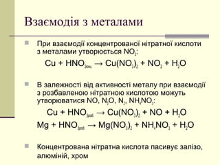 Взаємодія з металами
 При взаємодії концентрованої нітратної кислоти
з металами утворюється NO2:
Сu + HNO3конц. → Cu(NO3)2 + NO2 + H2O
 В залежності від активності металу при взаємодії
з розбавленою нітратною кислотою можуть
утворюватися NO, N2O, N2, NH4NO3:
Cu + HNO3розб. → Cu(NO3)2 + NO + H2O
Mg + HNO3розб. → Mg(NO3)2 + NH4NO3 + H2O
 Концентрована нітратна кислота пасивує залізо,
алюміній, хром
 
