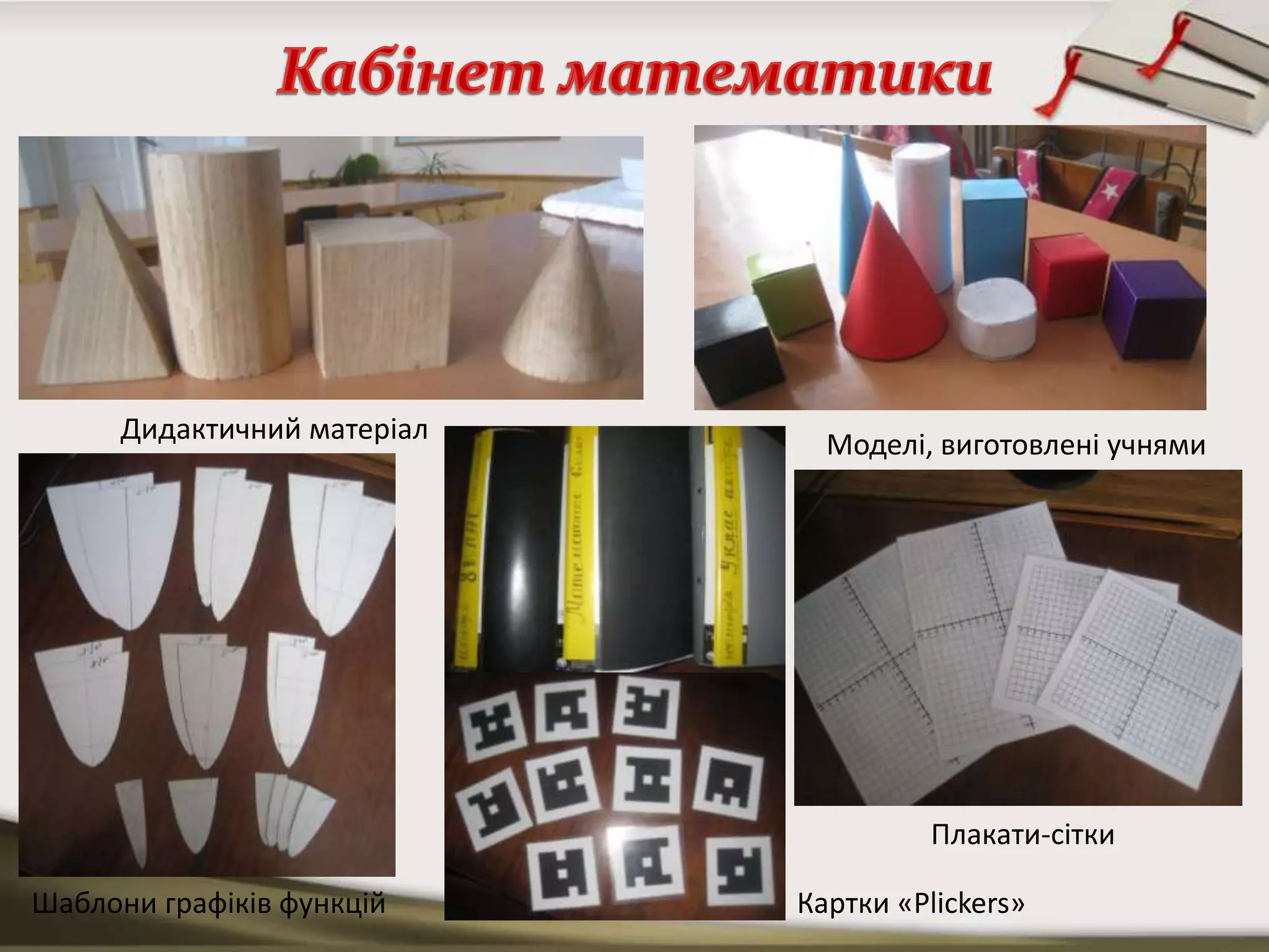 Плакати-сітки
Шаблони графіків функцій Картки «Plickers»
Моделі, виготовлені учнямиДидактичний матеріал
 
