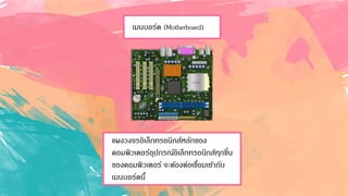 เมนบอร์ด (Motherboard)
แผงวงจรอิเล็กทรอนิกส์หลักของ
คอมพิวเตอร์อุปกรณ์อิเล็กทรอนิกส์ทุกชิ้น
ของคอมพิวเตอร์ จะต้องต่อเชื่อมเข้ากับ
เมนบอร์ดนี้
 