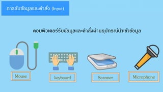 การรับข้อมูลและคาสั่ง (Input)
คอมพิวเตอร์รับข้อมูลและคาสั่งผ่านอุปกรณ์นาเข้าข้อมูล
Mouse keyboard Scanner Microphone
 