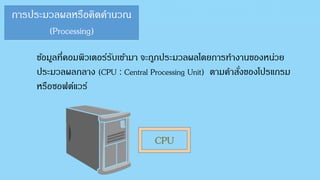 การประมวลผลหรือคิดคานวณ
(Processing)
ข้อมูลที่คอมพิวเตอร์รับเข้ามา จะถูกประมวลผลโดยการทางานของหน่วย
ประมวลผลกลาง (CPU : Central Processing Unit) ตามคาสั่งของโปรแกรม
หรือซอฟต์แวร์
CPU
 