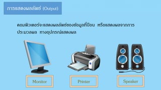 การแสดงผลลัพธ์ (Output)
คอมพิวเตอร์จะแสดงผลลัพธ์ของข้อมูลที่ป้ อน หรือแสดงผลจากการ
ประมวลผล ทางอุปกรณ์แสดงผล
Monitor Printer Speaker
 