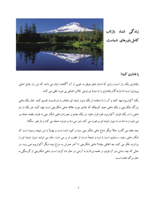 8
‫بازتاب‬ ،‫شما‬ ‫زندگی‬
‫کامل‬‫باورهای‬.‫شماست‬
‫پا‬!‫کنید‬ ‫فشاری‬
‫اصلی‬ ‫عامل‬ ‫راز‬ ‫این‬ ‫که‬ ‫دانند‬ ‫می‬ ‫اینان‬ ،‫آگاهند‬ ‫آن‬ ‫از‬ ‫خوبی‬ ‫به‬ ‫موفق‬ ‫های‬ ‫انسان‬ ‫که‬ ‫رازی‬ ،‫است‬ ‫راز‬ ‫یک‬ ‫پافشاری‬
.‫کنند‬ ‫می‬ ‫تلقی‬ ‫مورد‬ ‫بی‬ ‫اضافی‬ ‫تالش‬ ‫نوعی‬ ‫ی‬ ‫منزله‬ ‫به‬ ‫را‬ ‫پافشاری‬ ‫بازندگان‬ ‫اما‬ ‫است‬ ‫پیروزی‬
‫شیشه‬ ‫دیوار‬ ‫یک‬ ‫از‬ ‫استفاده‬ ‫با‬ ‫را‬ ‫آن‬ ‫و‬ ‫کنید‬ ‫تهیه‬ ‫آکواریوم‬ ‫یک‬‫ما‬ ‫یک‬ ‫حال‬ .‫کنید‬ ‫تقسیم‬ ‫قسمت‬ ‫دو‬ ‫به‬ ‫شفاف‬ ‫ای‬‫هی‬
‫دو‬ ‫از‬ ‫یک‬ ‫هر‬ .‫کنید‬ ‫تهیه‬ ‫است‬ ‫شکارچی‬ ‫ماهی‬ ‫عالقه‬ ‫مورد‬ ‫غذای‬ ‫که‬ ‫کوچک‬ ‫سفید‬ ‫ماهی‬ ‫یک‬ ‫و‬ ‫شکارچی‬ ‫بزرگ‬
‫ور‬ ‫حمله‬ ‫طعمه‬ ‫طرف‬ ‫به‬ ‫چی‬ ‫شکار‬ ‫ماهی‬ ‫زدن‬ ‫هم‬ ‫بر‬ ‫چشم‬ ‫یک‬ ‫در‬ .‫دهید‬ ‫قرار‬ ‫خود‬ ‫آکواریوم‬ ‫طرف‬ ‫یک‬ ‫در‬ ‫را‬ ‫ماهی‬
‫شیش‬ ‫دیوار‬ ‫به‬ ‫شدت‬ ‫به‬ ‫و‬ ‫شود‬ ‫می‬!‫...بنگ‬ ‫هم‬ ‫باز‬ ‫و‬ ‫کند‬ ‫می‬ ‫حمله‬ ‫دوباره‬ ‫و‬ ‫زند‬ ‫می‬ ‫دور‬ .‫کند‬ ‫می‬ ‫برخورد‬ ‫ای‬ ‫ه‬
‫که‬ ‫است‬ ‫رسیده‬ ‫نتیجه‬ ‫این‬ ‫به‬ ً‫ا‬‫نهایت‬ ‫و‬ ‫است‬ ‫شده‬ ‫کبود‬ ‫و‬ ‫سیاه‬ ‫چی‬ ‫شکار‬ ‫ماهی‬ ‫دماغ‬ ‫دیگر‬ ‫حاال‬ ‫گذرد‬ ‫می‬ ‫هفته‬ ‫چند‬
‫توانید‬ ‫می‬ ‫حال‬ .‫دارد‬ ‫می‬ ‫بر‬ ‫او‬ ‫تعقیب‬ ‫از‬ ‫دست‬ ً‫ا‬‫نتیجت‬ ‫و‬ ‫درد‬ ‫با‬ ‫است‬ ‫مساوی‬ ، ‫سفید‬ ‫ماهی‬ ‫شکار‬‫ا‬ ‫شیشه‬ ‫دیوار‬‫را‬ ‫ی‬
‫در‬ .‫رود‬ ‫نمی‬ ‫آکواریوم‬ ‫دیگر‬ ‫نیمه‬ ‫سراغ‬ ‫به‬ ‫عمرش‬ ‫آخر‬ ‫تا‬ ‫شکارچی‬ ‫ماهی‬ ‫بیفتد؟‬ ‫اتفاقی‬ ‫چه‬ ‫کنید‬ ‫می‬ ‫فکر‬ .‫بردارید‬
‫به‬ ‫گرسنگی‬ ‫از‬ ‫شکارچی‬ ‫ماهی‬ .‫است‬ ‫کردن‬ ‫شنا‬ ‫حال‬ ‫در‬ ‫آرامی‬ ‫به‬ ‫لذیذ‬ ‫ی‬ ‫طعمه‬ ‫تر‬ ‫طرف‬ ‫آن‬ ‫متر‬ ‫سانتی‬ ‫چند‬ ‫که‬ ‫حالی‬
.‫است‬ ‫افتاده‬ ‫مرگ‬ ‫حال‬
 