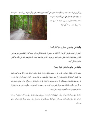 34
...‫و‬ ‫کنند‬ ‫می‬ ‫سقوط‬ ‫پیکر‬ ‫غول‬ ‫های‬ ‫هواپیما‬ ،‫گردند‬ ‫می‬ ‫ناپدید‬ ‫تشکیالتشان‬ ‫ی‬ ‫همه‬ ‫با‬ ‫ها‬ ‫شرکت‬ ‫بزرگترین‬.‫را‬ ‫امنیت‬
‫کن‬ ‫جستجو‬ ‫خود‬ ‫درون‬ ‫در‬.‫تنومند‬ ‫درخت‬ ‫یک‬ ِ‫ل‬‫مث‬
‫استقام‬، ‫ها‬ ‫سیل‬ ، ‫ها‬ ‫طوفان‬ ‫برابر‬ ‫در‬ ‫و‬ ‫باش‬ ‫داشته‬ ‫ت‬
!‫کن‬ ‫ایستادگی‬ ...‫و‬ ‫ها‬ ‫برق‬ ‫و‬ ‫رعد‬
‫آمد؟‬ ‫کنار‬ ‫دنیا‬ ‫اعتباری‬ ‫بی‬ ‫با‬ ‫توان‬ ‫می‬ ‫چگونه‬
.‫خبریم‬ ‫بی‬ ‫اتفاقات‬ ‫از‬ ‫که‬ ‫است‬ ‫این‬ ‫در‬ ‫زندگی‬ ‫ّت‬‫ذ‬‫ل‬ ‫از‬ ‫نیمی‬ ، ‫ببر‬ ‫ّت‬‫ذ‬‫ل‬ ‫آن‬ ‫از‬ ‫و‬ ‫کن‬ ‫قبولش‬ : ‫است‬ ‫این‬ ‫راهش‬‫ز‬‫مین‬
‫در‬ ‫ها‬ ‫خیلی‬ ‫است‬ ‫ای‬ ‫مخاطره‬ ‫پر‬ ‫مکان‬‫خرگوش‬ ‫یک‬ ‫مثل‬ ‫باید‬ ‫عمر‬ ‫تمام‬ ‫که‬ ‫نیست‬ ‫معنا‬ ‫بدان‬ ‫این‬ ‫ّا‬‫م‬‫ا‬ ! ‫میرند‬ ‫می‬ ‫اینجا‬
.‫کنیم‬ ‫زندگی‬ ‫هراسان‬
‫برسم؟‬ ‫خیال‬ ‫آرامش‬ ‫به‬ ‫توانم‬ ‫می‬ ‫چگونه‬
.‫ذهن‬ ‫آرامش‬ ‫روزمره‬ ‫عادت‬ ‫ایجاد‬ ‫به‬ ‫دیگر‬ ‫بخشی‬ ‫و‬ ‫شود‬ ‫می‬ ‫مربوط‬ ‫شما‬ ‫نگرش‬ ‫به‬ ‫آن‬ ‫از‬ ‫بخشی‬‫ب‬ ‫کرده‬ ‫توجه‬ ‫اگر‬‫اشید‬
‫سرشار‬ ‫شان‬ ‫زندگی‬ ‫که‬ ‫کسانی‬ ‫تمام‬‫را‬ ‫خود‬ ‫افراد‬ ‫این‬ ‫که‬ ‫است‬ ‫این‬ ‫آن‬ ‫و‬ ‫دارند‬ ‫تشابه‬ ‫وجه‬ ‫نظر‬ ‫یک‬ ‫از‬ ‫است‬ ‫آرامش‬ ‫از‬
‫یافته‬ ‫دست‬ ‫توازن‬ ‫این‬ ‫به‬ ‫پروردگار‬ ‫نیایش‬ ‫و‬ ‫دعا‬ ‫طریق‬ ‫از‬ ‫آنها‬ ‫از‬ ‫بسیاری‬ .‫اند‬ ‫کرده‬ ‫همیشگی‬ ‫توازن‬ ‫یک‬ ‫حفظ‬ ‫به‬ ‫ملزم‬
‫سکو‬ ‫و‬ ‫خلوت‬ ‫آنها‬ ‫ی‬ ‫همه‬ ...‫و‬ ‫اند‬ ‫آورده‬ ‫روی‬ ‫ذهن‬ ‫تمرکز‬ ‫های‬ ‫تکنیک‬ ‫به‬ ‫دیگر‬ ‫گروهی‬ ‫اند‬‫غرق‬ ‫با‬ ‫و‬ ‫جویند‬ ‫می‬ ‫را‬ ‫ت‬
.‫بینند‬ ‫می‬ ‫را‬ ‫بیرون‬ ‫دنیای‬ ‫که‬ ‫است‬ ‫خویشتن‬ ‫در‬ ‫شدن‬
‫شما‬ ‫هم‬ ‫زیرا‬ ‫است‬ ‫کار‬ ‫این‬ ‫برای‬ ‫زمان‬ ‫بهترین‬ ‫زود‬ ‫صبح‬ .‫دهید‬ ‫انجام‬ ‫وقفه‬ ‫بدون‬ ‫و‬ ‫روز‬ ‫هر‬ ‫را‬ ‫ذهن‬ ‫تمرکز‬ ‫های‬ ‫تکنیک‬
‫آن‬ ‫در‬ ً‫ال‬‫معمو‬ ‫اینکه‬ ‫هم‬ ‫و‬ ‫سازد‬ ‫می‬ ‫آماده‬ ‫فعالیت‬ ‫روز‬ ‫یک‬ ‫برای‬ ‫را‬‫تمر‬ ‫چیزی‬ ، ‫روز‬ ‫از‬ ‫ساعت‬‫ب‬ ‫را‬ ‫شما‬ ‫ذهن‬ ‫کز‬‫ه‬‫هم‬
.‫زند‬ ‫نمی‬
 