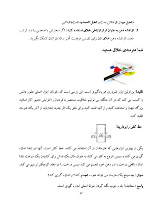 53
«‫تخیل‬ ‫و‬ ‫است‬ ‫دانش‬ ‫از‬ ‫مهمتر‬ ‫تخیل‬‫است‬ ‫نامحدود‬»‫انیشتین‬
9.: ‫کنید‬ ‫استفاده‬ ‫خالق‬ ‫ارتباطی‬ ‫ابزار‬ ‫عنوان‬ ‫به‬ ‫ذهن‬ ‫نقشه‬ ‫از‬‫بای‬ ‫را‬ ‫صحبتی‬ ‫یا‬ ‫سخنرانی‬ ‫اگر‬‫ترتیب‬ ‫د‬
‫کمک‬ ‫نظراتتان‬ ‫ارائه‬ ‫آمیز‬ ‫موفقیت‬ ‫تضمین‬ ‫برای‬ ‫تان‬ ‫خالق‬ ‫ذهن‬ ‫نقشه‬ ‫از‬ ،‫دهید‬‫بگیری‬.‫د‬
‫هستید‬ ‫خالق‬ ‫هنرمندی‬ ‫شما‬
!‫تقلید‬‫ا‬ ‫یادگیری‬ ‫هر‬ ‫ضروری‬ ‫ابزار‬ ‫اولین‬ ‫این‬‫دانش‬ ‫و‬ ‫علم‬ ‫اصلی‬ ‫اجزاء‬ ‫مغزمان‬ ‫که‬ ‫است‬ ‫روشی‬ ‫این‬ .‫ست‬
‫اساتید‬ ‫آثار‬ .‫دهیم‬ ‫افزایش‬ ‫را‬ ‫فردمان‬ ‫به‬ ‫منحصر‬ ‫خالقیت‬ ‫توانیم‬ ‫می‬ ‫هنگام‬ ‫آن‬ ‫در‬ ‫که‬ ‫کند‬ ‫می‬ ‫کسب‬ ‫را‬
‫هنرمند‬ ‫یک‬ ‫آثار‬ ‫از‬ ‫باید‬ ‫ابتدا‬ ‫جدید‬ ‫اثر‬ ‫یک‬ ‫خلق‬ ‫برای‬ ‫کنید‬ ‫تقلید‬ ‫آنها‬ ‫از‬ ‫و‬ ‫کنید‬ ‫مشاهده‬ ‫را‬ ‫جهان‬ ‫بزرگ‬
.‫کنید‬ ‫تقلید‬
‫ر‬ ‫کش‬ ‫خط‬!‫بردارید‬ ‫ا‬
‫اندازه‬ ‫ابتدا‬ ‫در‬ ‫آنها‬ .‫است‬ ‫کش‬ ‫خط‬ ،‫کنند‬ ‫می‬ ‫استفاده‬ ‫آن‬ ‫از‬ ‫هنرمندان‬ ‫که‬ ‫ابزارهایی‬ ‫بهترین‬ ‫از‬ ‫یکی‬
‫ابتدا‬ ‫درخت‬ ‫یک‬ ‫کشیدن‬ ‫برای‬ ‫نقاش‬ ‫یک‬ ‫مثال‬ ‫عنوان‬ ‫به‬ ‫کنند‬ ‫می‬ ‫کار‬ ‫به‬ ‫شروع‬ ‫سپس‬ ‫و‬ ‫کنند‬ ‫می‬ ‫گیری‬
‫در‬ ‫را‬ ‫درخت‬ ‫سپس‬ ‫کند‬ ‫می‬ ‫تجسم‬ ‫خود‬ ‫ذهن‬ ‫در‬ ‫را‬ ‫درخت‬ ‫واقعی‬ ‫اندازه‬.‫کند‬ ‫می‬ ‫ترسیم‬ ‫کوچکتر‬ ‫ابعاد‬
‫سوال‬‫خوب‬ ‫تواند‬ ‫می‬ ‫هنرمند‬ ‫یک‬ ‫موقع‬ ‫چه‬ :‫تجسم‬‫کند؟‬ ‫گیری‬ ‫اندازه‬ ‫و‬ ‫کند؟‬
‫پاسخ‬.‫است‬ ‫گیری‬ ‫اندازه‬ ‫اصلی‬ ‫شرط‬ ‫کردن‬ ‫نگاه‬ ‫خوب‬ ، ‫بله‬ !‫مشاهده‬ :
 