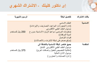 ‫كلينك‬ ‫دكتور‬ ‫إى‬-‫الشهر‬ ‫االشتراك‬‫ي‬
‫الرسوم‬‫الشهرية‬ ‫الباقة‬ ‫تفاصيل‬ ‫االشتراك‬ ‫باقات‬
250‫لاير‬‫لل‬‫مستخدم‬
‫االساسي‬ ‫النظام‬
(‫واإليرادات‬ ،‫المصاريف‬ ،‫المواعيد‬ ،‫الحجوزات‬ ‫إدارة‬)
‫الملف‬ ‫موديول‬‫االلكتروني‬ ‫الطبي‬
(‫بدون‬ ،‫االساسية‬ ‫الزيارة‬ ‫مواعيد‬ ،‫المرضى‬ ‫معلومات‬‫خ‬
‫اصية‬‫المرفقات‬)
‫التواصل‬ ‫قنوات‬
(‫واالتصاالت‬ ،‫اإلنترنت‬ ‫شبكة‬ ‫مصغرعلى‬ ‫موقع‬)
‫االساسية‬
375‫لاير‬‫لل‬‫مستخدم‬
‫عناصر‬ ‫جميع‬‫الى‬ ‫باالضافة‬ ‫األساسية‬ ‫الباقة‬
‫الملف‬ ‫موديول‬‫االلكتروني‬ ‫الطبي‬‫الشامل‬
(‫للحقول‬ ‫التخصيص‬ ‫امكانية‬‫أخرى‬ ‫واضافات‬)
‫موديول‬‫ال‬ ‫االدارة‬‫مالية‬
(‫ل‬ ‫وا‬ ‫الحسابات‬ ‫إدارة‬‫مخزون‬)
‫المتقدمة‬
 