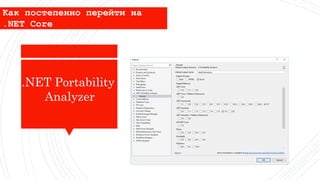 Как постепенно перейти на
.NET Core
.NET Portability
Analyzer
 