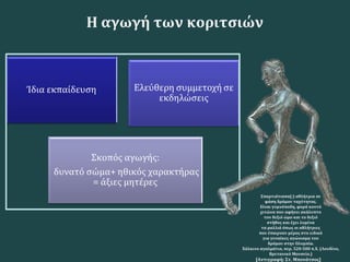 Σπαρτιάτισσα(;) αθλήτρια σε
φάση δρόμου ταχύτητας.
Είναι γυμνόποδη, φορά κοντό
χιτώνα που αφήνει ακάλυπτο
τον δεξιό ώμο και το δεξιό
στήθος και έχει λυμένα
τα μαλλιά όπως οι αθλήτριες
που έπαιρναν μέρος στο ειδικό
για γυναίκες αγώνισμα του
δρόμου στην Ολυμπία.
Χάλκινο αγαλμάτιο, περ. 520-500 π.Χ. (Λονδίνο,
Βρετανικό Μουσείο.)
[Αντιγραφή: Στ. Μπονάτσος]
Η αγωγή των κοριτσιών
 