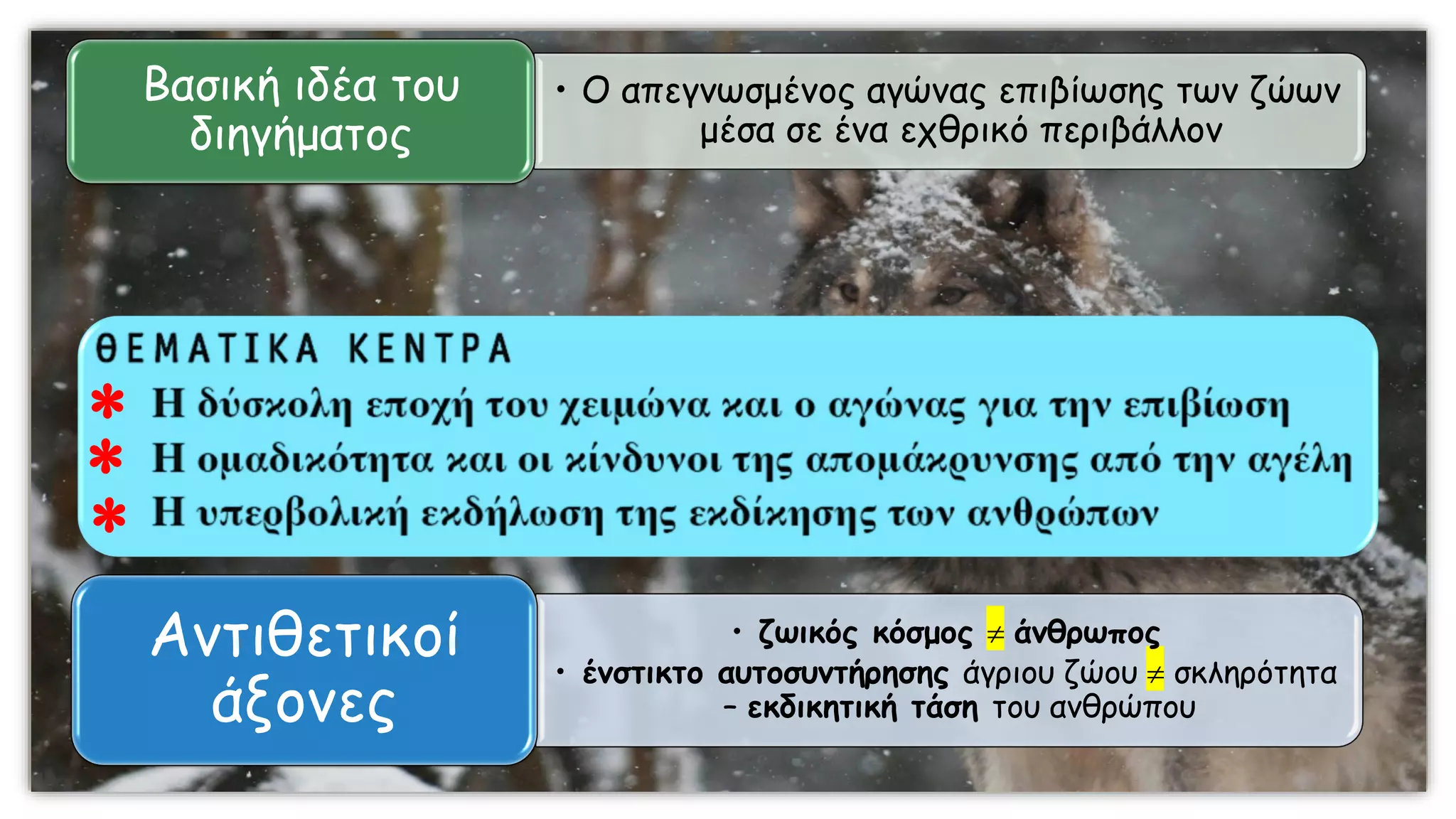 


• Ο απεγνωσμένος αγώνας επιβίωσης των ζώων
μέσα σε ένα εχθρικό περιβάλλον
Βασική ιδέα του
διηγήματος
• ζωικός κόσμος  άνθρωπος
• ένστικτο αυτοσυντήρησης άγριου ζώου  σκληρότητα
– εκδικητική τάση του ανθρώπου
Αντιθετικοί
άξονες
 