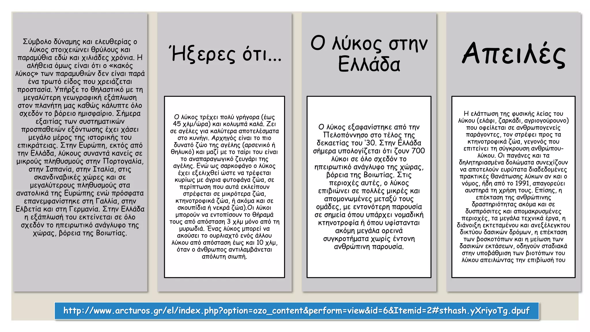 Σύμβολο δύναμης και ελευθερίας ο
λύκος στοιχειώνει θρύλους και
παραμύθια εδώ και χιλιάδες χρόνια. Η
αλήθεια όμως είναι ότι ο «κακός
λύκος» των παραμυθιών δεν είναι παρά
ένα τρωτό είδος που χρειάζεται
προστασία. Υπήρξε το θηλαστικό με τη
μεγαλύτερη γεωγραφική εξάπλωση
στον πλανήτη μας καθώς κάλυπτε όλο
σχεδόν το βόρειο ημισφαίριο. Σήμερα
εξαιτίας των συστηματικών
προσπαθειών εξόντωσης έχει χάσει
μεγάλο μέρος της ιστορικής του
επικράτειας. Στην Ευρώπη, εκτός από
την Ελλάδα, λύκους συναντά κανείς σε
μικρούς πληθυσμούς στην Πορτογαλία,
στην Ισπανία, στην Ιταλία, στις
σκανδιναβικές χώρες και σε
μεγαλύτερους πληθυσμούς στα
ανατολικά της Ευρώπης ενώ πρόσφατα
επανεμφανίστηκε στη Γαλλία, στην
Ελβετία και στη Γερμανία. Στην Ελλάδα
η εξάπλωσή του εκτείνεται σε όλο
σχεδόν το ηπειρωτικό ανάγλυφο της
χώρας, βόρεια της Βοιωτίας.
Ήξερες ότι...
Ο λύκος τρέχει πολύ γρήγορα (έως
45 χλμ/ώρα) και κολυμπά καλά. Ζει
σε αγέλες για καλύτερα αποτελέσματα
στο κυνήγι. Αρχηγός είναι το πιο
δυνατό ζώο της αγέλης (αρσενικό ή
θηλυκό) και μαζί με το ταίρι του είναι
το αναπαραγωγικό ζευγάρι της
αγέλης. Ενώ ως σαρκοφάγο ο λύκος
έχει εξελιχθεί ώστε να τρέφεται
κυρίως με άγρια φυτοφάγα ζώα, σε
περίπτωση που αυτά εκλείπουν
στρέφεται σε μικρότερα ζώα,
κτηνοτροφικά ζώα, ή ακόμα και σε
σκουπίδια ή νεκρά ζώα).Οι λύκοι
μπορούν να εντοπίσουν το θήραμά
τους από απόσταση 3 χλμ μόνο από τη
μυρωδιά. Ένας λύκος μπορεί να
ακούσει το ουρλιαχτό ενός άλλου
λύκου από απόσταση έως και 10 χλμ,
όταν ο άνθρωπος αντιλαμβάνεται
απόλυτη σιωπή.
Ο λύκος στην
Ελλάδα
Ο λύκος εξαφανίστηκε από την
Πελοπόννησο στο τέλος της
δεκαετίας του ‘30. Στην Ελλάδα
σήμερα υπολογίζεται ότι ζουν 700
λύκοι σε όλο σχεδόν το
ηπειρωτικό ανάγλυφο της χώρας,
βόρεια της Βοιωτίας. Στις
περιοχές αυτές, ο λύκος
επιβιώνει σε πολλές μικρές και
απομονωμένες μεταξύ τους
ομάδες, με εντονότερη παρουσία
σε σημεία όπου υπάρχει νομαδική
κτηνοτροφία ή όπου υφίστανται
ακόμη μεγάλα ορεινά
συγκροτήματα χωρίς έντονη
ανθρώπινη παρουσία.
Απειλές
Η ελάττωση της φυσικής λείας του
λύκου (ελάφι, ζαρκάδι, αγριογούρουνο)
που οφείλεται σε ανθρωπογενείς
παράγοντες, τον στρέφει προς τα
κτηνοτροφικά ζώα, γεγονός που
επιτείνει τη σύγκρουση ανθρώπου-
λύκου. Οι παγάνες και τα
δηλητηριασμένα δολώματα συνεχίζουν
να αποτελούν ευρύτατα διαδεδομένες
πρακτικές θανάτωσης λύκων αν και ο
νόμος, ήδη από το 1991, απαγορεύει
αυστηρά τη χρήση τους. Επίσης, η
επέκταση της ανθρώπινης
δραστηριότητας ακόμα και σε
δυσπρόσιτες και απομακρυσμένες
περιοχές, τα μεγάλα τεχνικά έργα, η
διάνοιξη εκτεταμένου και ανεξέλεγκτου
δικτύου δασικών δρόμων, η επέκταση
των βοσκοτόπων και η μείωση των
δασικών εκτάσεων, οδηγούν σταδιακά
στην υποβάθμιση των βιοτόπων του
λύκου απειλώντας την επιβίωσή του
http://www.arcturos.gr/el/index.php?option=ozo_content&perform=view&id=6&Itemid=2#sthash.yXriyoTg.dpuf
 