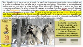 Ήταν δύσκολη εποχή για τα ζώα της περιοχής. Τα μικρότερα ξεπάγιαζαν αράδα, ακόμη και τα πουλιά, και
τα ισχνότερα πτώματα γίνονταν λεία για τα γεράκια και τους λύκους. Ακόμη όμως κι αυτά υπέφεραν
φοβερά από το κρύο και την πείνα. Υπήρχαν λίγες μόνο αγέλες λύκων και η ανάγκη τις έκανε να
συμμαχούν μεταξύ τους. Τις μέρες οι λύκοι έβγαιναν για κυνήγι ένας ένας. Πού και πού τριγύριζε κάποιος
στο χιόνι, λιπόσαρκος,* πεινασμένος, άγρυπνος, άφωνος και τρομαγμένος, σαν φάντασμα. Η μικρή σκιά
του σερνόταν δίπλα του πάνω στον πάγο. Τέντωνε το ρύγχος του στον αέρα και ενίοτε* έπιανε κάποιο
ξερό, βασανισμένο βογκητό. Τα βράδια όμως έβγαιναν όλοι μαζί στο κυνήγι και ορμούσαν ουρλιάζοντας
στα χωριά. Τα κοτέτσια και οι στάβλοι ήταν καλά φυλαγμένα και πίσω από τα σφαλιστά παραθυρόφυλλα
βρίσκονταν κρεμασμένα τα τουφέκια - δύο από την αγέλη είχαν κιόλας σκοτωθεί.
Απελπισία – απόγνωση.
Ο βαρύς χειμώνας φέρνει
ανθρώπους και ζώα
αντιμέτωπους με το φάσμα της
πείνας και δίνει στην
καθημερινότητα την άγρια
ένταση της μάχης για τη ζωή.
Σελ. 239
μεταφορά
παρομοίωση
 