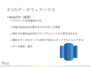 4つのデータウェアハウス
• Redshift（退避）
• アドホック分析環境その2
• 本番のRedshiftが遅すぎたため作った環境
• 週次で本番Redshiftのスナップショットから再作成される
• 最新のデータをテーブル単位でS3からロードすることもできる
• データ鮮度：週次
16
 