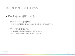 ユーザビリティを上げる
• データをいい感じにする
• データソースを増やす
• たとえば業務で使っているクラウドサービスのデータ
• データ鮮度を上げる
• Weekly→Daily→Hourly→リアルタイム
• ここはまだ要望に答えきれていない…
25
 