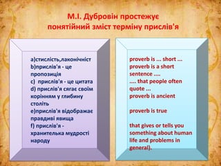 М.І. Дубровін простежує
понятійний зміст терміну прислів'я
a)стислість,лаконічніст
b)прислів'я - це
пропозиція
с) прислів'я - це цитата
d) прислів'я сягає своїм
корінням у глибину
століть
e)прислів'я відображає
правдиві явища
f) прислів'я -
хранителька мудрості
народу
proverb is ... short ...
proverb is a short
sentence ....
.... that people often
quote ...
proverb is ancient
proverb is true
that gives or tells you
something about human
life and problems in
general).
 