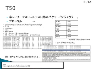 11 /12
 ネットワークストレステスト用のパケットインジェクター。
 プロトコル &rArr;
ソース
https://github.com/fredericopissarra/t50
# git clone https://github.com/fredericopissarra/t50.git
# cd t50
# ./configure
# make
# make install
# t50 192.168.12.4 --protocol ipsec
# t50 192.168.12.4 --encapsulated --protocol ipsec
ICMP RIPv2
IGMPv1 DCCP
IGMPv3 RSVP
TCP GRE
EGP IPsec
UDP EIGRP
RIPv1 OSPF
+DDoS, DoSのシミュレート
&larr;ESP+IPアドレスランダム
ESP+IPアドレスランダム+GREでカプセル化&rarr;
 
