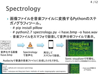 4 /12
 画像ファイルを音楽ファイルに変換するPythonのステ
ガノグラフィツール。
◦ # pip install pillow
◦ # python2.7 spectrology.py &ndash;i hase.bmp &ndash;o hase.wav
◦ 音楽ファイルをスマフォで録音して音声分析ファイルで表示。
ソース
https://github.com/solusipse/spectrology
公式HP
https://solusipse.net/blog/post/basic-methods-of-audio-steganography-spectrograms/
音声化する画像
hase.bmp
Spectrology
で音声化
再生して
スマフォで録音。
Audacityで普通の音楽ファイルに合成したりもできる。
Sonic visualizerで可視化。
#mp3にしているので上の周波数がカットされる。
&larr;hase.wavの場合は
上下も出る。
 