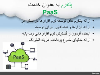 ‫پلتفرم‬‫خدمت‬ ‫عنوان‬ ‫به‬
PaaS
•‫ابر‬ ‫بستر‬ ‫در‬ ‫افزارها‬ ‫نرم‬ ‫توسعه‬ ‫های‬ ‫پلتفرم‬ ‫ارائه‬
•‫ابزارها‬ ‫ارائه‬‫توسعه‬ ‫برای‬ ‫فضاهایی‬ ‫و‬
•‫پایه‬ ‫وب‬ ‫افزارهایی‬ ‫نرم‬ ‫گسترش‬ ‫و‬ ‫آزمون‬ ،‫ایجاد‬
•‫اشتراک‬ ‫هزینه‬ ‫پرداخت‬ ‫متنوع‬ ‫مدلهای‬ ‫ارائه‬
 
