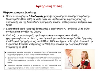 Αρτηριακή πίεση
Μέτρηση αρτηριακής πίεσης
 Πραγματοποιήθηκαν 5 διαδοχικές μετρήσεις (αυτόματο πιεσόμετρο-μόνιτορ
Dinamap Pro-Care 400) σε κάθε παιδί και υπολογίστηκε ο μέσος όρος της
συστολικής και της διαστολικής αρτηριακής πίεσης, καθώς και των παλμών ανά
λεπτό
 Εκατοστιαία θέση (ΕΘ) της συστολικής & διαστολικής ΑΠ ανάλογα με το φύλο,
την ηλικία και την ΕΘ του ύψους
 Κατάταξη σε φυσιολογικά, προϋπερτασικά και υπερτασικά επίπεδα,
χρησιμοποιήθηκαν οι πίνακες που έχουν δημοσιευθεί από την Ομάδα Εργασίας
του Εθνικού Προγράμματος των ΗΠΑ το 2004 και έχουν υιοθετηθεί τόσο από την
Ευρωπαϊκή Εταιρεία Υπέρτασης το 2009 όσο και από την Ελληνική Εταιρεία
Υπέρτασης το 2011
 Φυσιολογικά επίπεδα: συστολική ή διαστολική ΑΠ <90η
εκατοστιαία θέση
σύμφωνα με την ηλικία, το φύλο και την εκατοστιαία θέση του ύψους.
 Προϋπερτασικά επίπεδα: συστολική ή διαστολική ΑΠ ≥90η
εκατοστιαία θέση και
<95η
εκ. θέση σύμφωνα με την ηλικία, το φύλο και την εκατοστιαία θέση του
ύψους.
 Υπερτασικά επίπεδα: συστολική ή διαστολική ΑΠ ≥95η
εκατοστιαία θέση
σύμφωνα με την ηλικία, το φύλο και την εκατοστιαία θέση του ύψους.
 