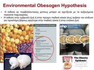 Environmental Obesogen Hypothesis
• Η έκθεση σε περιβαλλοντικούς ρύπους μπορεί να σχετίζεται με τα αυξανόμενα
ποσοστά παχυσαρκίας
• Η έκθεση στην εμβρυική ζωή ή στην πρώιμη παιδική ηλικία ίσως αυξάνει τον κίνδυνο
για προσλήψη βάρους αργότερα στην παιδική ηλικία ή στην ενήλικη ζωή
 