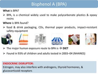 What is BPA?
 BPA, is a chemical widely used to make polycarbonate plastics & epoxy
resins
Where is BPA found?
 food & drink packaging, CDs, thermal paper products, impact-resistant
safety equipment
 The major human exposure route to BPA is  DIET
 Found in 93% of children and adults tested in 2003–04 (NHANES)
ENDOCRINE DISRUPTOR:
Estrogen, may also interfere with androgens, thyroid hormones, &
glucocorticoid receptors
Bisphenol A (BPA)
 