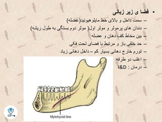 •‫زبانی‬ ‫زیر‬ ‫ی‬ ‫فضا‬
–‫مایلوهیوئید‬ ‫خط‬ ‫باالی‬ ‫و‬ ‫داخل‬ ‫سمت‬(‫عضله‬)
–‫اول‬ ‫مولر‬ ‫و‬ ‫پرمولر‬ ‫های‬ ‫دندان‬(‫ریشه‬ ‫طول‬ ‫به‬ ‫بستگی‬ ‫دوم‬ ‫مولر‬)
–‫عضله‬ ‫و‬ ‫دهان‬ ‫کف‬ ‫مخاط‬ ‫بین‬
–‫فکی‬ ‫تحت‬ ‫فضای‬ ‫با‬ ‫مرتبط‬ ‫و‬ ‫باز‬ ‫خلفی‬ ‫حد‬
–‫کم‬ ‫بسیار‬ ‫دهانی‬ ‫خارج‬ ‫تورم‬–‫زیاد‬ ‫دهانی‬ ‫داخل‬
–‫طرفه‬ ‫دو‬ ‫اغلب‬
–‫درمان‬:I&D
 