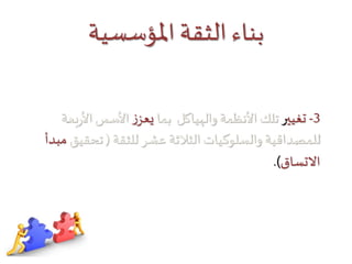 ‫املؤسسية‬ ‫الثقة‬ ‫بنا‬
3-‫تغيي‬‫ر‬‫بما‬ ‫والهياكل‬ ‫األنظمة‬ ‫تلك‬‫ز‬‫يعز‬‫بع‬‫ر‬‫األ‬‫األسس‬‫ة‬
‫للثقة‬ ‫عشر‬ ‫الثالثة‬ ‫والسلوكيات‬ ‫للمصداقية‬(‫تحقيق‬‫م‬‫بدأ‬
‫االتساق‬.)
 