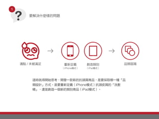這時就得開始思考，開發一款新的抗頭屑商品，是要採取哪一種「品
類設計」方式。是要重新定義（iPhone模式）抗頭皮屑的「洗髮
精」，還是創造一個新的類別商品（iPad模式）。
通點 / 未被滿足 重新定義
（iPhone模式）
創造類別
（iPad模式）
品類區隔
要解決什麼樣的問題
1
 