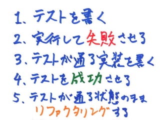 • 1. テストを書く
• 2. 実行して失敗させる
• 3. テストが通る実装を書く
• 4. テストを成功させる
• 5. テストが通る状態のままリファクタリングする
 
