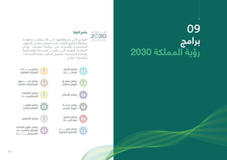 25
‫الرؤية‬ ‫برامج‬
‫منظومــة‬ ‫وتمثــل‬ ‫اآلن‬ ‫حتــى‬ ‫إطالقهــا‬ ‫تــم‬ ‫التــي‬ ‫البرامــج‬
‫ـؤون‬‫ـ‬‫الش‬ ‫ـس‬‫ـ‬‫مجل‬ ‫ـيعمل‬‫ـ‬‫س‬ ‫ـث‬‫ـ‬‫حي‬ ،‫ـة‬‫ـ‬‫الرؤي‬ ‫ـق‬‫ـ‬‫لتحقي‬ ‫ـة‬‫ـ‬‫مترابط‬
‫بإتبــاع‬ ،‫تنفيذهــا‬ ‫مراقبــة‬ ‫علــى‬ ‫والتنميــة‬ ‫االقتصاديــة‬
‫والشــفافية‬ ‫المســاءلة‬ ‫تضمــن‬ ‫التــي‬ ‫المقــرة‬ ‫الحوكمــة‬
‫ـادرات‬‫ـ‬‫المب‬ ‫ـة‬‫ـ‬‫متابع‬ ‫ـاليب‬‫ـ‬‫أس‬ ‫ـل‬‫ـ‬‫وتفعي‬ ،‫ـتمرة‬‫ـ‬‫المس‬ ‫ـة‬‫ـ‬‫والرقاب‬
:‫وهــي‬ ،‫وتنفيذهــا‬
09
‫برامج‬
2030 ‫المملكة‬ ‫رؤية‬
 