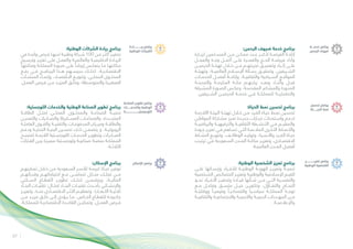 27
:‫الرحمن‬ ‫ضيوف‬ ‫خدمة‬ ‫برنامج‬
‫لزيــارة‬ ‫المســلمين‬ ‫مــن‬ ‫ممكــن‬ ‫عــدد‬ ‫ألكبــر‬ ‫الفرصــة‬ ‫إتاحــة‬
‫والعمــل‬ ‫وجــه‬ ‫أكمــل‬ ‫علــى‬ ‫والعمــرة‬ ‫الحــج‬ ‫فريضــة‬ ‫وأداء‬
‫الحرميــن‬ ‫تهيئــة‬ ‫خــال‬ ‫مــن‬ ‫تجربتهــم‬ ‫وتعميــق‬ ‫إثــراء‬ ‫علــى‬
‫وتهيئــة‬ ،‫العالميــة‬ ‫اإلســام‬ ‫رســالة‬ ‫وتحقيــق‬ ،‫الشــريفين‬
‫الخدمــات‬ ‫أفضــل‬ ‫وإتاحــة‬ ،‫والثقافيــة‬ ‫الســياحية‬ ‫المواقــع‬
‫والمدينــة‬ ‫المكرمــة‬ ‫مكــة‬ ‫زيارتهــم‬ ‫وبعــد‬ ‫وأثنــاء‬ ‫قبــل‬
‫ـرقة‬‫ـ‬‫المش‬ ‫ـورة‬‫ـ‬‫الص‬ ‫ـس‬‫ـ‬‫وعك‬ ،‫ـة‬‫ـ‬‫المقدس‬ ‫ـاعر‬‫ـ‬‫والمش‬ ‫ـورة‬‫ـ‬‫المن‬
.‫الشــريفين‬ ‫الحرميــن‬ ‫خدمــة‬ ‫فــي‬ ‫للمملكــة‬ ‫والحضاريــة‬
:‫الوطنية‬ ‫الشركات‬ ‫ريادة‬ ‫برنامج‬
‫في‬ ‫واعدة‬ ‫ـرص‬‫ـ‬‫ف‬ ‫ـا‬‫ـ‬‫لديه‬ ‫ـة‬‫ـ‬‫وطني‬ ‫ـركة‬‫ـ‬‫ش‬ 100 ‫ـن‬‫ـ‬‫م‬ ‫ـر‬‫ـ‬‫أكث‬ ‫ـز‬‫ـ‬‫تحفي‬
‫ـيخ‬‫ـ‬‫وترس‬ ‫ـز‬‫ـ‬‫تعزي‬ ‫ـى‬‫ـ‬‫عل‬ ‫ـل‬‫ـ‬‫والعم‬ ‫ـة‬‫ـ‬‫والعالمي‬ ‫ـة‬‫ـ‬‫االقليمي‬ ‫ـادة‬‫ـ‬‫الري‬
‫ـا‬‫ـ‬‫ومتانته‬ ‫ـة‬‫ـ‬‫المملك‬ ‫ـورة‬‫ـ‬‫ص‬ ‫ـى‬‫ـ‬‫عل‬ ً‫ـا‬‫ـ‬‫إيجاب‬ ‫ـس‬‫ـ‬‫ينعك‬ ‫ـا‬‫ـ‬‫م‬ ‫ـا‬‫ـ‬‫مكانته‬
‫رفــع‬ ‫فــي‬ ‫البرنامــج‬ ‫هــذا‬ ‫سيســهم‬ ‫كذلــك‬ ،‫االقتصاديــة‬
‫ـآت‬‫ـ‬‫المنش‬ ‫ـاء‬‫ـ‬‫وإنم‬ ،‫ـاد‬‫ـ‬‫االقتص‬ ‫ـع‬‫ـ‬‫وتنوي‬ ،‫ـي‬‫ـ‬‫المحل‬ ‫ـوى‬‫ـ‬‫المحت‬
.‫ـل‬‫ـ‬‫العم‬ ‫ـرص‬‫ـ‬‫ف‬ ‫ـن‬‫ـ‬‫م‬ ‫ـد‬‫ـ‬‫المزي‬ ‫ـق‬‫ـ‬‫وخل‬ ،‫ـطة‬‫ـ‬‫والمتوس‬ ‫ـرة‬‫ـ‬‫الصغي‬
:‫الحياة‬ ‫نمط‬ ‫تحسين‬ ‫برنامج‬
‫ـة‬‫ـ‬‫االالزم‬ ‫ـة‬‫ـ‬‫البيئ‬ ‫ـة‬‫ـ‬‫تهيئ‬ ‫ـال‬‫ـ‬‫خ‬ ‫ـن‬‫ـ‬‫م‬ ‫ـرد‬‫ـ‬‫الف‬ ‫ـاة‬‫ـ‬‫حي‬ ‫ـط‬‫ـ‬‫نم‬ ‫ـين‬‫ـ‬‫تحس‬
‫ـن‬‫ـ‬‫المواط‬ ‫ـاركة‬‫ـ‬‫مش‬ ‫ـزز‬‫ـ‬‫تع‬ ‫ـدة‬‫ـ‬‫جدي‬ ‫ـارات‬‫ـ‬‫خي‬ ‫ـتحداث‬‫ـ‬‫واس‬ ‫ـم‬‫ـ‬‫لدع‬
‫والرياضيــة‬ ‫والترفيهيــة‬ ‫الثقافيــة‬ ‫األنشــطة‬ ‫فــي‬ ‫والمقيــم‬
‫ـودة‬‫ـ‬‫ج‬ ‫ـز‬‫ـ‬‫تعزي‬ ‫ـي‬‫ـ‬‫ف‬ ‫ـاهم‬‫ـ‬‫تس‬ ‫ـي‬‫ـ‬‫الت‬ ‫ـة‬‫ـ‬‫المالءم‬ ‫ـرى‬‫ـ‬‫األخ‬ ‫ـاط‬‫ـ‬‫واألنم‬
‫ـاط‬‫ـ‬‫النش‬ ‫ـع‬‫ـ‬‫وتنوي‬ ،‫ـف‬‫ـ‬‫الوظائ‬ ‫ـد‬‫ـ‬‫وتولي‬ ،‫ـرة‬‫ـ‬‫واألس‬ ‫ـرد‬‫ـ‬‫الف‬ ‫ـاة‬‫ـ‬‫حي‬
‫ـب‬‫ـ‬‫ترتي‬ ‫ـي‬‫ـ‬‫ف‬ ‫ـعودية‬‫ـ‬‫الس‬ ‫ـدن‬‫ـ‬‫الم‬ ‫ـة‬‫ـ‬‫مكان‬ ‫ـز‬‫ـ‬‫وتعزي‬ ،‫ـادي‬‫ـ‬‫االقتص‬
.‫ـة‬‫ـ‬‫العالمي‬ ‫ـدن‬‫ـ‬‫الم‬ ‫ـل‬‫ـ‬‫أفض‬
:‫اللوجستية‬ ‫والخدمات‬ ‫الوطنية‬ ‫الصناعة‬ ‫تطوير‬ ‫برنامج‬
‫الطاقــة‬ ‫(مثــل‬ ‫المحلــي‬ ‫والمحتــوى‬ ‫الصناعــة‬ ‫تنميــة‬
‫ـن‬‫ـ‬‫والتعدي‬ ‫ـادرات‬‫ـ‬‫والص‬ )‫ـكرية‬‫ـ‬‫العس‬ ‫ـات‬‫ـ‬‫والصناع‬ ،‫ـددة‬‫ـ‬‫المتج‬
‫العاملــة‬ ‫والقــوى‬ ‫والتقنيــة‬ ‫المدفوعــات‬ ‫وميــزان‬ ‫والطاقــة‬
‫ـم‬‫ـ‬‫ودع‬ ‫ـة‬‫ـ‬‫التحتي‬ ‫ـة‬‫ـ‬‫البني‬ ‫ـين‬‫ـ‬‫تحس‬ ‫ـك‬‫ـ‬‫ذل‬ ‫ـن‬‫ـ‬‫يتضم‬ ‫و‬ ،‫ـة‬‫ـ‬‫الروبوتي‬
‫ـح‬‫ـ‬‫لتصب‬ ‫ـة‬‫ـ‬‫الالزم‬ ‫ـتية‬‫ـ‬‫اللوجس‬ ‫ـات‬‫ـ‬‫الخدم‬ ‫ـر‬‫ـ‬‫وتطوي‬ ‫ـادرات‬‫ـ‬‫الص‬
‫ـارات‬‫ـ‬‫الق‬ ‫ـن‬‫ـ‬‫بي‬ ‫ـزة‬‫ـ‬‫ممي‬ ‫ـتية‬‫ـ‬‫ولوجس‬ ‫ـة‬‫ـ‬‫صناعي‬ ‫ـة‬‫ـ‬‫منص‬ ‫ـة‬‫ـ‬‫المملك‬
.‫الثالثــة‬
:‫الوطنية‬ ‫الشخصية‬ ‫تعزيز‬ ‫برنامج‬
‫علــى‬ ‫وإرســائها‬ ‫لألفــراد‬ ‫الوطنيــة‬ ‫الهويــة‬ ‫وتعزيــز‬ ‫تنميــة‬
‫ـخصية‬‫ـ‬‫الش‬ ‫ـص‬‫ـ‬‫الخصائ‬ ‫ـز‬‫ـ‬‫وتعزي‬ ‫ـة‬‫ـ‬‫والوطني‬ ‫ـامية‬‫ـ‬‫اإلس‬ ‫ـم‬‫ـ‬‫القي‬
‫نحــو‬ ‫األفــراد‬ ‫وتحفيــز‬ ‫قيــادة‬ ‫شــأنها‬ ‫مــن‬ ‫التــي‬ ‫والنفســية‬
‫مــع‬ ‫وفاعــل‬ ‫متســق‬ ‫جيــل‬ ‫وتكويــن‬ ،‫والتفــاؤل‬ ‫النجــاح‬
‫ووقايتــه‬ ً‫وقيميــا‬ ً‫واقتصاديــا‬ ً‫سياســيا‬ ‫المملكــة‬ ‫توجــه‬
‫والثقافيــة‬ ‫واالجتماعيــة‬ ‫واألمنيــة‬ ‫الدينيــة‬ ‫المهــددات‬ ‫مــن‬
.‫واإلعالميــة‬
:‫اإلسكان‬ ‫برنامج‬
‫ـم‬‫ـ‬‫تمكينه‬ ‫ـال‬‫ـ‬‫خ‬ ‫ـن‬‫ـ‬‫م‬ ‫ـعودية‬‫ـ‬‫الس‬ ‫ـر‬‫ـ‬‫لألس‬ ‫ـة‬‫ـ‬‫كريم‬ ‫ـاة‬‫ـ‬‫حي‬ ‫ـر‬‫ـ‬‫توفي‬
‫وقدراتهــم‬ ‫احتياجاتهــم‬ ‫مــع‬ ‫تتماشــى‬ ‫منــازل‬ ‫تملــك‬ ‫مــن‬
‫الســكني‬ ‫القطــاع‬ ‫تطويــر‬ ‫كذلــك‬ ‫ويتضمــن‬ ،‫الماليــة‬
‫البنــاء‬ ‫تقنيــات‬ :‫(مثــال‬ ‫البنــاء‬ ‫تقنيــات‬ ‫بأحــدث‬ ‫واإلنشــائي‬
‫ـز‬‫ـ‬‫وتعزي‬ ،‫ـه‬‫ـ‬‫من‬ ‫ـادي‬‫ـ‬‫االقتص‬ ‫ـر‬‫ـ‬‫األث‬ ‫ـم‬‫ـ‬‫وتعظي‬ ،)‫ـاد‬‫ـ‬‫األبع‬ ‫ـة‬‫ـ‬‫ثالثي‬
‫ـن‬‫ـ‬‫م‬ ‫ـد‬‫ـ‬‫مزي‬ ‫ـق‬‫ـ‬‫خل‬ ‫ـى‬‫ـ‬‫إل‬ ‫ـؤدي‬‫ـ‬‫ي‬ ‫ـا‬‫ـ‬‫م‬ ،‫ـاص‬‫ـ‬‫الخ‬ ‫ـاع‬‫ـ‬‫للقط‬ ‫ـه‬‫ـ‬‫جاذبيت‬
.‫للمملكــة‬ ‫االقتصاديــة‬ ‫القاعــدة‬ ‫وتمكيــن‬ ،‫العمــل‬ ‫فــرص‬
 