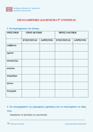 σελ.
421
Βοήθημα Γλώσσας Στ΄ Δημοτικού
Ενότητα 9 [Συσκευές]
Έκδοση taexeiola Λυμπεροπούλου Βασιλική
ΕΠΑΝΑΛΗΠΤΙΚΟ ΔΙΑΓΩΝΙΣΜΑ 9ης
ΕΝΟΤΗΤΑΣ
1. Να συμπληρώσετε τον πίνακα.
ΟΡΙΣΤΙΚΗ ΥΠΟΤΑΚΤΙΚΗ ΠΡΟΣΤΑΚΤΙΚΗ
ΕΝΕΣΤΩΤΑΣ ΑΟΡΙΣΤΟΣ ΕΝΕΣΤΩΤΑΣ ΑΟΡΙΣΤΟΣ
επιβάλλω
κρατώ
κατακλύζω
αναλύω
στερούμαι
πλένω
συγχωρώ
2. Να υπογραμμίσετε τις εξαρτημένες προτάσεις και να αναγνωρίσετε το είδος
τους.
Αποφάσισε να ξεκινήσει τη γυμναστική.
_________________________________________________________________
 