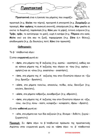 12 ΕΥΤΥΧΙΑ ΚΑΛΟΓΕΡΑ
Προστακτική
Προστακτική είναι η έγκλιση του ρήματος που εκφράζει
προσταγή (π.χ. Κλείσε την πόρτα), προτροπή ή αποτροπή (π.χ. Ζωγράφιζε με
προσοχή, Μην αφήσεις τη συσκευή ανοικτή), απαγόρευση (π.χ. Μην μπείτε σε
εκείνο το δωμάτιο), παράκληση (π.χ. Κάνε μου τη χάρη), έντονη ενέργεια (π.χ.
Τρίβε, τρίβε, το κατέστρεψε το χαλί), ευχή ή κατάρα (π.χ. Πήγαινε στο καλό,
Μείνε εκεί για όλη σου τη ζωή), παραχώρηση (π.χ. Ζήτα ό,τι θέλεις),
αποδοκιμασία (π.χ. Δε δουλεύεις ποτέ. Κάνε έτσι προκοπή).
Ορθογραφία:
Το β΄ πληθυντικό λήγει:
1) στην ενεργητική φωνή σε:
 -ήστε, στα ρήματα της Β΄συζυγίας (π.χ. αγαπώ - αγαπήστε), καθώς και
σε κάποια ρήματα της Α΄συζυγίας που λήγουν σε –ήνω (π.χ. αφήνω -
αφήστε) και σε –αίνω (π.χ. ανασταίνω - αναστήστε),
 -ίστε, στα ρήματα της Α΄ συζυγίας που στον Ενεστώτα λήγουν σε –ίζω
(π.χ. δροσίζω - δροσίστε),
 -είστε, στα ρήματα «κλείνω, αποκλείω, πείθω, σείω, δανείζω» (π.χ.
κλείστε, δανείστε),
 -οίστε, στα ρήματα «αθροίζω, συναθροίζω» (π.χ. αθροίστε),
 -ύστε, στα ρήματα της Α΄συζυγίας που στον Ενεστώτα λήγουν σε –ύζω,
-ύνω, -ύω (π.χ. λύνω - λύστε, κελαρύζω – κελαρύστε, ιδρύω – ιδρύστε).
2) στην παθητική φωνή σε:
 -είτε, στα ρήματα και των δύο συζυγιών (π.χ. δένομαι – δεθείτε, ξεχνώ -
ξεχαστείτε).
Προσοχή: Σε –ήστε λήγει το β΄πληθυντικό πρόσωπο της προστακτικής
Αορίστου στην ενεργητική φωνή, ενώ σε –είστε λήγει το β΄ πληθυντικό
 