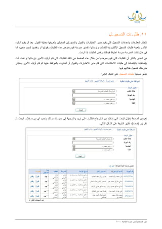 ‫ﻟ‬ ‫ﺍﻟﻤﺴﺘﺨﺩﻡ‬ ‫ﺩﻟﻴل‬‫ﻤﺩﻴﺭ‬‫ﺍﺒﺘﺩﺍﺌﻴﺔ‬ ‫ﻤﺩﺭﺴﺔ‬-١٠٠
١١.‫ﻁ‬‫ﺍﻟﺘﺴﺠﻴـل‬ ‫ﻠﺒـﺎﺕ‬
‫ﻤﺩﻴﺭ‬ ‫ﻴﻘﻭﻡ‬ ‫ﺍﻟﺘﻲ‬ ‫ﺍﻟﺘﺴﺠﻴل‬ ‫ﻭﺇﻋﺩﺍﺩﺍﺕ‬ ‫ﺍﻟﻤﻌﻠﻭﻤﺎﺕ‬ ‫ﺘﺘﺤﻜﻡ‬‫ﻭﺍﻟﻘﺒﻭل‬ ‫ﺍﻻﺨﺘﺒﺎﺭﺍﺕ‬‫ﺒﻌﻤﻠ‬ ‫ﺒﺘﻌﺭﻴﻔﻬﺎ‬ ‫ﺍﻟﻤﺨﻭﻟﻴﻥ‬ ‫ﻭﺍﻟﻤﺴﺅﻭﻟﻴﻥ‬‫ﺃﻭﻟﻴﺎﺀ‬ ‫ﻴﻘﻭﻡ‬ ‫ﺃﻥ‬ ‫ﺒﻌﺩ‬ .‫ﺍﻟﻘﺒﻭل‬ ‫ﻴﺔ‬
‫ﺃﻭ‬ ‫ﻭﻗﺒﻭﻟﻬﺎ‬ ‫ﺍﻟﻁﻠﺒﺎﺕ‬ ‫ﻫﺫﻩ‬ ‫ﺒﻌﺭﺽ‬ ‫ﺘﻘﻭﻡ‬ ‫ﻤﺩﺭﺴﺔ‬ ‫ﻜﻤﺩﻴﺭ‬ ،‫ﻭﺇﺭﺴﺎﻟﻬﺎ‬ ‫ﻟﻠﻁﻼﺏ‬ ‫ﺍﻹﻟﻜﺘﺭﻭﻨﻴﺔ‬ ‫ﺍﻟﺘﺴﺠﻴل‬ ‫ﻁﻠﺒﺎﺕ‬ ‫ﺒﺘﻌﺒﺌﺔ‬ ‫ﺍﻷﻤﻭﺭ‬‫ﺭﻓﻀﻬﺎ‬‫ﺃﻤﺎ‬ ،‫ﻤﻌﻴﻥ‬ ‫ﻟﺴﺒﺏ‬
.‫ﺃﺭﺩﺕ‬ ‫ﺇﺫﺍ‬ ‫ﺍﻟﻁﻠﺒﺎﺕ‬ ‫ﺭﻓﺽ‬ ‫ﻓﻴﻤﻜﻨﻙ‬ ‫ﺍﺤﺘﻴﺎﻁ‬ ‫ﻤﺩﺭﺴﺔ‬ ‫ﺍﻟﻤﺩﺭﺴﺔ‬ ‫ﻜﺎﻨﺕ‬ ‫ﺤﺎل‬ ‫ﻓﻲ‬
‫ﺒﻌﺭ‬ ‫ﺘﻘﻭﻡ‬ ‫ﺍﻟﺘﻲ‬ ‫ﺍﻟﻁﻠﺒﺎﺕ‬ ‫ﺃﻥ‬ ‫ﺒﺎﻟﺫﻜﺭ‬ ‫ﺍﻟﺠﺩﻴﺭ‬ ‫ﻤﻥ‬‫ﺃﻨﺕ‬ ‫ﻗﻤﺕ‬ ‫ﺃﻭ‬ ‫ﺒﺈﺭﺴﺎﻟﻬﺎ‬ ‫ﺍﻷﻤﻭﺭ‬ ‫ﺃﻭﻟﻴﺎﺀ‬ ‫ﻗﺎﻡ‬ ‫ﺍﻟﺘﻲ‬ ‫ﺍﻟﻁﻠﺒﺎﺕ‬ ‫ﻜﺎﻓﺔ‬ ‫ﻫﻲ‬ ‫ﺍﻟﺼﻔﺤﺔ‬ ‫ﻫﺫﻩ‬ ‫ﺨﻼل‬ ‫ﻤﻥ‬ ‫ﻀﻬﺎ‬
‫ﻤﺩﻴﺭ‬ ‫ﻗﺎﻡ‬ ‫ﺍﻟﺘﻲ‬ ‫ﺍﻻﺴﺘﺜﻨﺎﺀﺍﺕ‬ ‫ﻁﻠﺒﺎﺕ‬ ‫ﺇﻟﻰ‬ ‫ﺒﺎﻹﻀﺎﻓﺔ‬ ،‫ﺒﺈﻀﺎﻓﺘﻬﺎ‬‫ﻭﺍﻟﻘﺒﻭل‬ ‫ﺍﻻﺨﺘﺒﺎﺭﺍﺕ‬‫ﺒﺎﺨﺘﻴﺎﺭ‬ ‫ﺍﻷﻤﻭﺭ‬ ‫ﺃﻭﻟﻴﺎﺀ‬ ‫ﻗﺎﻡ‬ ‫ﺜﻡ‬ ‫ﻋﻠﻴﻬﺎ‬ ‫ﺒﺎﻟﻤﻭﺍﻓﻘﺔ‬ ‫ﺍﻟﻤﺸﺭﻑ‬ ‫ﺃﻭ‬
.‫ﻓﻴﻬﺎ‬ ‫ﻁﻼﺒﻬﻡ‬ ‫ﻟﺘﺴﺠﻴل‬ ‫ﻤﺩﺭﺴﺘﻙ‬
‫ﺼﻔﺤﺔ‬ ‫ﺘﻅﻬﺭ‬‫ﺍﻟ‬ ‫ﻁﻠﺒﺎﺕ‬‫ﺘﺴﺠﻴل‬:‫ﺍﻟﺘﺎﻟﻲ‬ ‫ﺍﻟﺸﻜل‬ ‫ﻋﻠﻰ‬
‫ﺜﻡ‬ ‫ﺍﻟﺒﺤﺙ‬ ‫ﻤﺩﺨﻼﺕ‬ ‫ﻤﻥ‬ ‫ﺃﻱ‬ ‫ﺒﺘﺤﺩﻴﺩ‬ ‫ﻭﺫﻟﻙ‬ ،‫ﻤﺩﺭﺴﺘﻙ‬ ‫ﺇﻟﻰ‬ ‫ﻭﺍﻟﻤﻭﺠﻬﺔ‬ ‫ﺘﺭﻴﺩ‬ ‫ﺍﻟﺘﻲ‬ ‫ﺍﻟﻁﻠﺒﺎﺕ‬ ‫ﺍﺴﺘﺭﺠﺎﻉ‬ ‫ﻤﻥ‬ ‫ﺘﻤﻜﻨﻙ‬ ‫ﺍﻟﺘﻲ‬ ‫ﺍﻟﺒﺤﺙ‬ ‫ﺤﻘﻭل‬ ‫ﺍﻟﺼﻔﺤﺔ‬ ‫ﺘﻌﺭﺽ‬
:‫ﺍﻟﺘﺎﻟﻲ‬ ‫ﺍﻟﺸﻜل‬ ‫ﻋﻠﻰ‬ ‫ﺍﻟﻨﺘﻴﺠﺔ‬ ‫ﺘﻅﻬﺭ‬ ،(‫)ﺍﺒﺤﺙ‬ ‫ﺯﺭ‬ ‫ﻨﻘﺭ‬
 