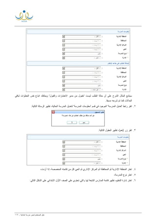 ‫ﻟ‬ ‫ﺍﻟﻤﺴﺘﺨﺩﻡ‬ ‫ﺩﻟﻴل‬‫ﻤﺩﻴﺭ‬‫ﺍﺒﺘﺩﺍﺌﻴﺔ‬ ‫ﻤﺩﺭﺴﺔ‬-١١٩
‫ﺍﻟﻤﺜﺎل‬ ‫ﺴﻴﺘﺎﺒﻊ‬‫ﻟﻴ‬ ‫ﺍﻟﻁﻠﺏ‬ ‫ﺤﺎﻟﺔ‬ ‫ﺃﻥ‬ ‫ﻋﻠﻰ‬ ‫ﺍﻟﺸﺭﺡ‬" ‫ﺴﺕ‬‫ﻭﺍﻟﻘﺒﻭل‬ ‫ﺍﻻﺨﺘﺒﺎﺭﺍﺕ‬ ‫ﻤﺩﻴﺭ‬ ‫ﻤﻥ‬ ‫ﻤﻘﺒﻭل‬‫ﻟﺒﺎﻗﻲ‬ ‫ﺍﻟﺨﻁﻭﺍﺕ‬ ‫ﻨﻔﺱ‬ ‫ﺍﺘﺒﺎﻉ‬ ‫ﻭﻴﻤﻜﻨﻙ‬ "
‫ﺍﻟﺤﺎﻻﺕ‬‫ﹰ‬‫ﺎ‬‫ﻤﺴﺒﻘ‬ ‫ﺸﺭﺤﻪ‬ ‫ﺘﻡ‬ ‫ﻜﻤﺎ‬.
٢.:‫ﺍﻟﺘﺎﻟﻴﺔ‬ ‫ﺍﻟﺭﺴﺎﻟﺔ‬ ‫ﺘﻅﻬﺭ‬ ،‫ﺍﻟﺤﺎﻟﻴﺔ‬ ‫ﺍﻟﻤﺩﺭﺴﺔ‬ ‫ﻟﺘﻌﺩﻴل‬ "‫ﺍﻟﻤﺩﺭﺴﺔ‬ ‫"ﻤﻌﻠﻭﻤﺎﺕ‬ ‫ﻗﺴﻡ‬ ‫ﻓﻲ‬ ‫ﺍﻟﻤﻭﺠﻭﺩ‬ "‫ﺍﻟﻤﺩﺭﺴﺔ‬ ‫"ﺘﻌﺩﻴل‬ ‫ﺭﺍﺒﻁ‬ ‫ﺍﻨﻘﺭ‬
٣.:‫ﺍﻟﺘﺎﻟﻴﺔ‬ ‫ﺍﻟﺤﻘﻭل‬ ‫ﺘﻅﻬﺭ‬ ،(‫)ﻨﻌﻡ‬ ‫ﺯﺭ‬ ‫ﺍﻨﻘﺭ‬
٤.‫ﺍ‬ ‫ﺍﻟﻤﻨﻁﻘﺔ‬ ‫ﺍﺨﺘﺭ‬،‫ﺃﺭﺩﺕ‬ ‫ﺇﺫﺍ‬ ،‫ﺍﻟﻤﺨﺼﺼﺔ‬ ‫ﻗﺎﺌﻤﺘﻪ‬ ‫ﻤﻥ‬ ‫ﻜل‬ ‫ﺍﻟﺤﻲ‬ ‫ﺜﻡ‬ ‫ﺍﻹﺩﺍﺭﻱ‬ ‫ﺍﻟﻤﺭﻜﺯ‬ ‫ﺜﻡ‬ ‫ﺍﻟﻤﺤﺎﻓﻅﺔ‬ ‫ﺜﻡ‬ ‫ﻹﺩﺍﺭﻴﺔ‬
٥.،‫ﺍﻟﻤﺩﺭﺴﺔ‬ ‫ﻨﻭﻉ‬ ‫ﺍﺨﺘﺭ‬
٦.‫ﺍﻟﺘﺎﻟﻲ‬ ‫ﺍﻟﺸﻜل‬ ‫ﻋﻠﻰ‬ ‫ﺍﻻﺒﺘﺩﺍﺌﻲ‬ ‫ﺍﻷﻭل‬ ‫ﺍﻟﺼﻑ‬ ‫ﻋﻠﻰ‬ ‫ﺘﺤﺘﻭﻱ‬ ‫ﻭﺍﻟﺘﻲ‬ ‫ﻟﻬﺎ‬ ‫ﺍﻟﺘﺎﺒﻌﺔ‬ ‫ﺍﻟﻤﺩﺍﺭﺱ‬ ‫ﻗﺎﺌﻤﺔ‬ ‫ﺘﻅﻬﺭ‬ ،‫ﺍﻟﺘﻌﻠﻴﻡ‬ ‫ﺇﺩﺍﺭﺓ‬ ‫ﺍﺨﺘﺭ‬:
 