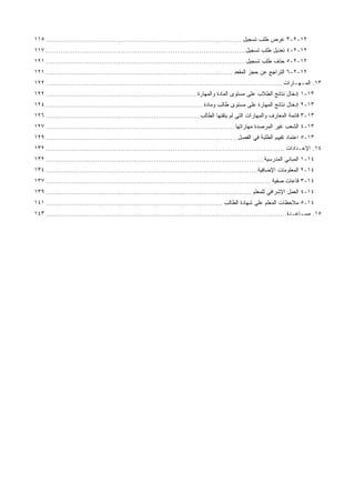 ١٢-٢-٣‫ﺘﺴﺠﻴل‬ ‫ﻁﻠﺏ‬ ‫ﻋﺭﺽ‬..............................................................................................١١٥
١٢-٢-٤‫ﺘﺴﺠﻴل‬ ‫ﻁﻠﺏ‬ ‫ﺘﻌﺩﻴل‬................................................................................................١١٧
١٢-٢-٥‫ﺘﺴﺠﻴل‬ ‫ﻁﻠﺏ‬ ‫ﺤﺫﻑ‬................................................................................................١٢١
١٢-٢-٦‫ﺍﻟﻤﻘﻌﺩ‬ ‫ﺤﺠﺯ‬ ‫ﻋﻥ‬ ‫ﺍﻟﺘﺭﺍﺠﻊ‬..........................................................................................١٢١
١٣‫ﺍ‬ .‫ﻟﻤـﻬـﺎﺭﺍﺕ‬..................................................................................................................١٢٢
١٣-١‫ﻭﺍﻟﻤﻬﺎﺭﺓ‬ ‫ﺍﻟﻤﺎﺩﺓ‬ ‫ﻤﺴﺘﻭﻯ‬ ‫ﻋﻠﻰ‬ ‫ﺍﻟﻁﻼﺏ‬ ‫ﻨﺘﺎﺌﺞ‬ ‫ﺇﺩﺨﺎل‬.........................................................................١٢٢
١٣-٢‫ﻭﻤﺎﺩﺓ‬ ‫ﻁﺎﻟﺏ‬ ‫ﻤﺴﺘﻭﻯ‬ ‫ﻋﻠﻰ‬ ‫ﺍﻟﻤﻬﺎﺭﺓ‬ ‫ﻨﺘﺎﺌﺞ‬ ‫ﺇﺩﺨﺎل‬............................................................................١٢٤
١٣-٣‫ﺍﻟﻁﺎﻟﺏ‬ ‫ﻴﺘﻘﻨﻬﺎ‬ ‫ﻟﻡ‬ ‫ﺍﻟﺘﻲ‬ ‫ﻭﺍﻟﻤﻬﺎﺭﺍﺕ‬ ‫ﺍﻟﻤﻌﺎﺭﻑ‬ ‫ﻗﺎﺌﻤﺔ‬..........................................................................١٢٦
١٣-٤‫ﻤﻬﺎﺭﺍﺘﻬﺎ‬ ‫ﺍﻟﻤﺭﺼﺩﺓ‬ ‫ﻏﻴﺭ‬ ‫ﺍﻟﺸﻌﺏ‬...........................................................................................١٢٧
١٣-٥‫ﺍﻟﻔﺼل‬ ‫ﻓﻲ‬ ‫ﺍﻟﻁﻠﺒﺔ‬ ‫ﺘﻘﻴﻴﻡ‬ ‫ﺍﻋﺘﻤﺎﺩ‬............................................................................................١٢٩
١٤‫ﺍﻹﻋـﺩﺍﺩﺍﺕ‬ ....................................................................................................................١٣٢
١٤-١‫ﺍﻟﻤﺩﺭﺴﻴﺔ‬ ‫ﺍﻟﻤﺒﺎﻨﻲ‬.........................................................................................................١٣٢
١٤-٢‫ﺍﻹﻀﺎﻓﻴﺔ‬ ‫ﺍﻟﻤﻌﻠﻭﻤﺎﺕ‬......................................................................................................١٣٤
١٤-٣‫ﺼﻔﻴﺔ‬ ‫ﻗﺎﻋﺎﺕ‬............................................................................................................١٣٧
١٤-٤‫ﻟﻠﻤﻌﻠﻡ‬ ‫ﺍﻹﺸﺭﺍﻓﻲ‬ ‫ﺍﻟﻌﻤل‬...................................................................................................١٣٩
١٤-٥‫ﺍﻟﻁﺎﻟﺏ‬ ‫ﺸﻬﺎﺩﺓ‬ ‫ﻋﻠﻰ‬ ‫ﺍﻟﻤﻌﻠﻡ‬ ‫ﻤﻼﺤﻅﺎﺕ‬.....................................................................................١٤١
١٥‫ﻤﺴـﺎﻋـﺩﺓ‬ .....................................................................................................................١٤٣
 