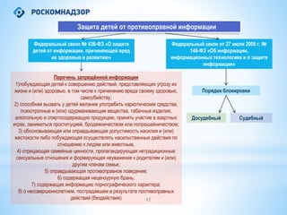 12
Защита детей от противоправной информации
Федеральный закон № 436-ФЗ «О защите
детей от информации, причиняющей вред
их здоровью и развитию»
Федеральный закон от 27 июля 2006 г. №
149-ФЗ «Об информации,
информационных технологиях и о защите
информации»
Перечень запрещённой информации
1)побуждающая детей к совершению действий, представляющих угрозу их
жизни и (или) здоровью, в том числе к причинению вреда своему здоровью,
самоубийству;
2) способная вызвать у детей желание употребить наркотические средства,
психотропные и (или) одурманивающие вещества, табачные изделия,
алкогольную и спиртосодержащую продукцию, принять участие в азартных
играх, заниматься проституцией, бродяжничеством или попрошайничеством;
3) обосновывающая или оправдывающая допустимость насилия и (или)
жестокости либо побуждающая осуществлять насильственные действия по
отношению к людям или животным,
4) отрицающая семейные ценности, пропагандирующая нетрадиционные
сексуальные отношения и формирующая неуважение к родителям и (или)
другим членам семьи;
5) оправдывающая противоправное поведение;
6) содержащая нецензурную брань;
7) содержащая информацию порнографического характера;
8) о несовершеннолетнем, пострадавшем в результате противоправных
действий (бездействия)
Порядок блокировки
Досудебный Судебный
 