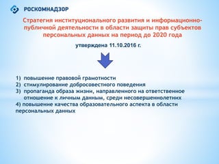Стратегия институционального развития и информационно-
публичной деятельности в области защиты прав субъектов
персональных данных на период до 2020 года
утверждена 11.10.2016 г.
1) повышение правовой грамотности
2) стимулирование добросовестного поведения
3) пропаганда образа жизни, направленного на ответственное
отношение к личным данным, среди несовершеннолетних
4) повышение качества образовательного аспекта в области
персональных данных
 