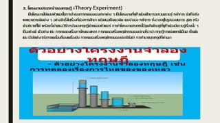 3. โครงงานประเภทจาลองทฤษฎี (Theory Experiment)
เป็นโครงงานใช้คอมพิวเตอร์ในการจาลองการทดลองของสาขาต่าง ๆ เป็นโครงงานที่ผู้ทาต้องศึกษารวบรวมความรู้ หลักการ ข้อเท็จจริง
และแนวความคิดต่าง ๆ อย่างลึกซึ้งในเรื่องที่ต้องการศึกษา แล้วเสนอเป็นแนวคิด แบบจาลอง หลักการ ซึ่งอาจอยู่ในรูปของสมการ สูตร หรือ
คาอธิบายก็ได้ พร้อมทั้งนาเสนอวิธีการจาลองทฤษฎีด้วยคอมพิวเตอร์ การทาโครงงานประเภทนี้มีจุดสาคัญอยู่ที่ผู้ทาต้องมีความรู้เรื่องนั้น ๆ
เป็นอย่างดี ตัวอย่าง เช่น การทดลองเรื่องการไหลของเหลว การทดลองเรื่องพฤติกรรมของปลาอโรวาน่า ทฤษฎีการแบ่งแยกดีเอ็นเอ เป็นต้น
เช่น ปัจจัยต่างๆกับการเคลื่อนที่ของเครื่องบิน การทดลองเรื่องพฤติกรรมของปลาปิรันย่า การทานายอุณหภูมิที่ผ่านมา
 