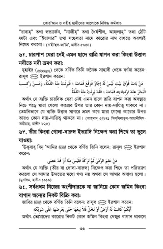 ‡KviÕAvb I mnxn nv`x‡mi Av‡jv‡K wbwl× Kg©KvÊ
33
ÓivevnÓ Z_v jf¨vR©b, ÓbvRxnÓ Z_v ˆah©kxj, AvdjvnÓ Z_v †VvuU
dvUv Ges ÓBqvmviÓ Z_v m”QjZv bv‡g Kv‡ivi bvg ivL‡Z Aek¨B
wb‡la Ki‡ev| (mÕnxÕûj-RvÕwgÕ, nv`xm 5054)
6 . Pvicvk †Niv ‡bB Ggb Qv‡` ivwÎ hvcb Kiv wKsev DËvj
b`x‡Z b`x ågY Kiv:
hynvBi (ivwngvûj−vn) †_‡K ewY©Z wZwb R‰bK mvnvex †_‡K eY©bv K‡ib:
ivm~j @ Bikv` K‡ib:
A_©vr †h e¨w³ Pviw`K †Niv †bB Ggb Qv‡` ivwÎ hvcb Kiv Ae¯’vq
wb‡P c‡o gviv †M‡jv Kv‡ivi Dci Zvi †Kvb `vq-`vwqZ¡ _vK‡e bv|
†Zgwbfv‡e †h e¨w³ DËvj mvM‡i ågY K‡i gviv ‡M‡jv Kv‡ivi Dci
ZviI †Kvb `vq-`vwqZ¡ _vK‡e bv| (Avngv` 5/271 wmjwmjvZzj-Avnv`xwmm-
mvnxnvn, nv`xm 828)
6 . Zxi wKsev †Mvjv-evi“` BZ¨vw` wb‡¶c Kiv wk‡L Zv fy‡j
hvIqv:
ÕDK¡evn web ÕAvwgi  †_‡K ewY©Z wZwb e‡jb: ivm~j @ Bikv`
K‡ib:
A_©vr †h e¨w³ (Zxi ev †Mvjv-evi“`) wb‡¶c Kiv wk‡L Zv cwiZ¨vM
Ki‡jv †m Avgvi D¤§‡Zi g‡a¨ MY¨ bq A_ev ‡m Avgvi Aeva¨ n‡jv|
(gymwjg, nv`xm 1919)
6 . me©cÖ_g wb‡Ri Askx`vi‡K bv Rvwb‡q †Kvb Rwgb wKsev
evMvb A‡b¨i wbKU wewµ Kiv:
Rvwei  †_‡K ewY©Z wZwb e‡jb: ivm~j @ Bikv` K‡ib:
A_©vr †Zvgv‡`i Kv‡ivi wbKU †Kvb Rwgb wKsev †LRyi evMvb _vK‡j
 